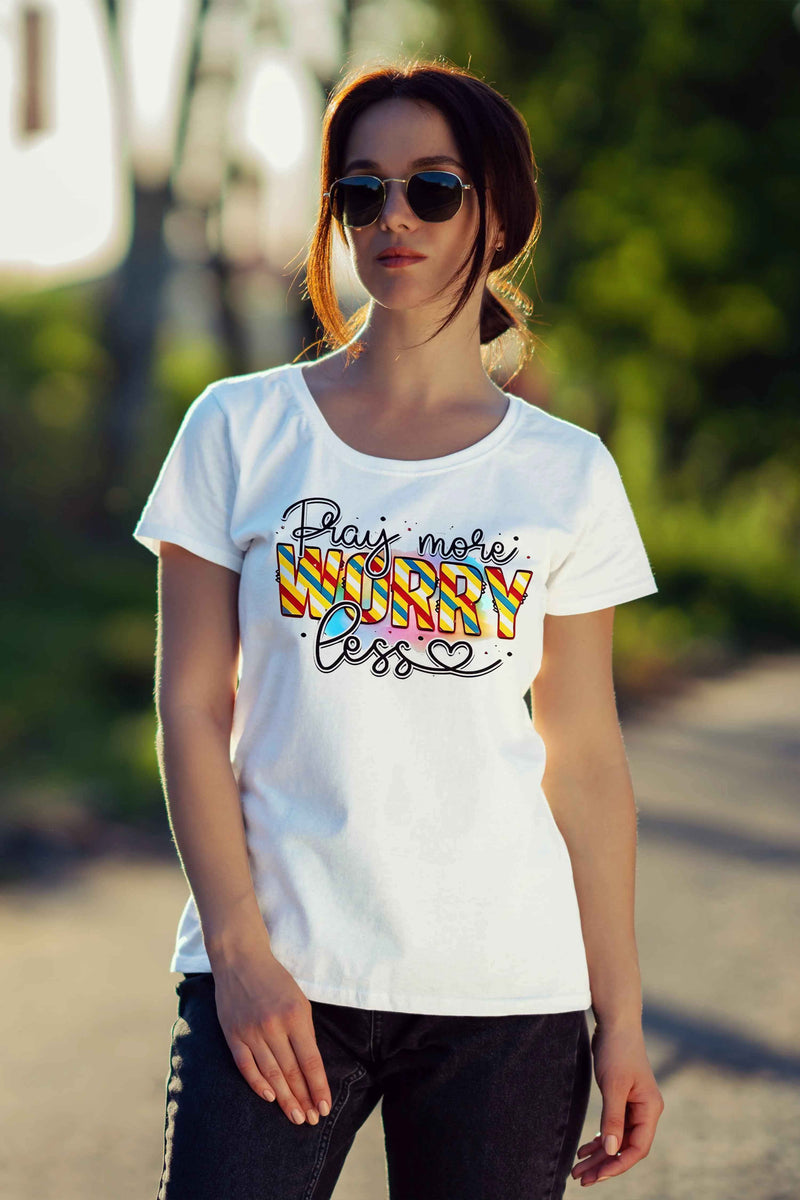 Faith and Fashion Pray More Worry Less Printed T-Shirt for a Positive Vibe